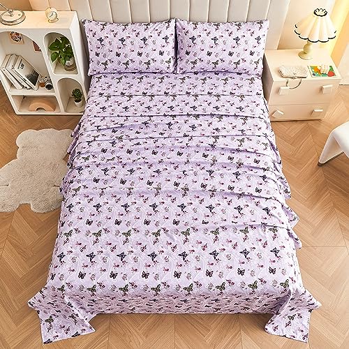 Softan Floral Twin Size Sheet Set, Purple Paisley Flower Printed Sheets for Kids Girls, Brushed Microfiber Fitted Sheet with 15" Deep Pocket & Non-Slip Straps, Butterfly Patterned Sheets Softan