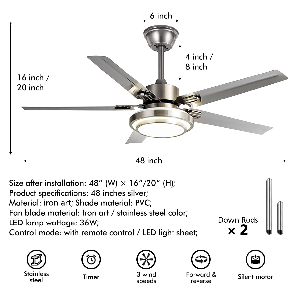 Fandian 48" Modern Ceiling Fans with Lights Remote Control Reversible Fan, Stainless Steel Blades, 3 speeds and 3 Color Changes Lighting Fixture with LED Board for Bedroom Living Room Fandian