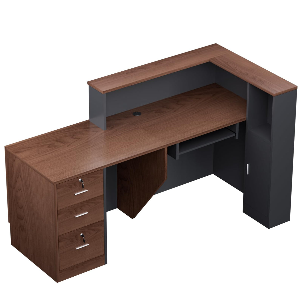 L-Shaped Modern Large Wooden Commercial Reception Desk with Counter & Shelves, Front Reception Desk Counter Table with Storage, Drawers for Offices,Home (Brown + Black, Left- 71''L x 34''W x 41''H) Drexo