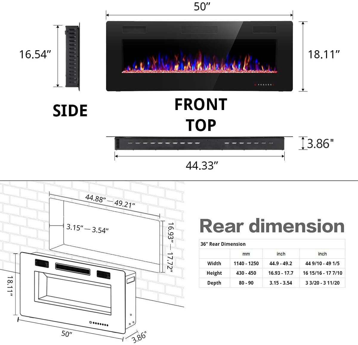 R.W.FLAME Electric Fireplace 50 inch Recessed and Wall Mounted,The Thinnest FireplaceLow Noise, Fit for 2 x 4 6 Stud, Remote Control with Timer,Touch Screen,Adjustable Flame Colors Speed R.W.FLAME