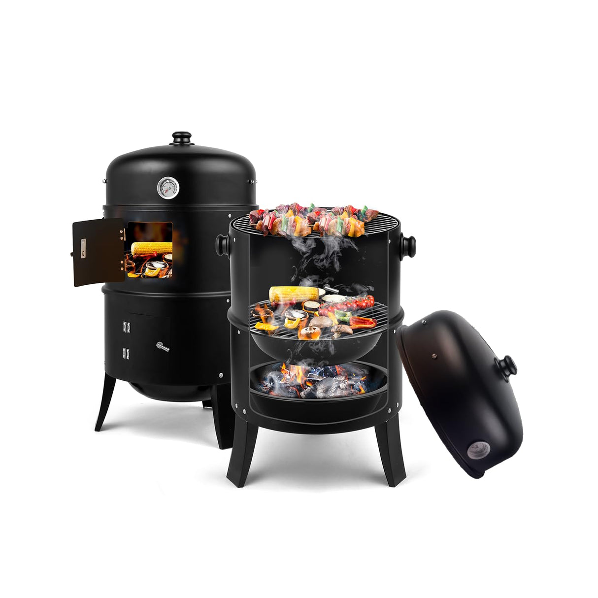 3-in-1 Vertical Charcoal Smoker, 16in BBQ Smoker Grill with Built-in Thermometer, Air Vent, and 2 Access Doors of black iron, Idea for Parties, Backyard, Barbecues ONUUNPY