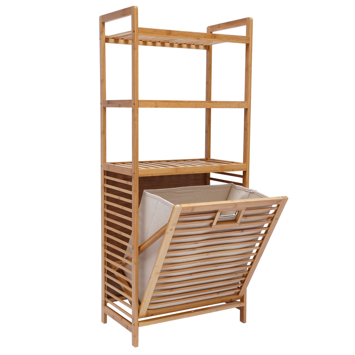 Bamboo Tilt-Out Laundry Hamper with Shelf & Removable Liner, 4 Tiers Freestanding Laundry Shelf Bathroom Storage Shelf Cabinet with Storage Basket for Bedroom Bathroom BuufuS