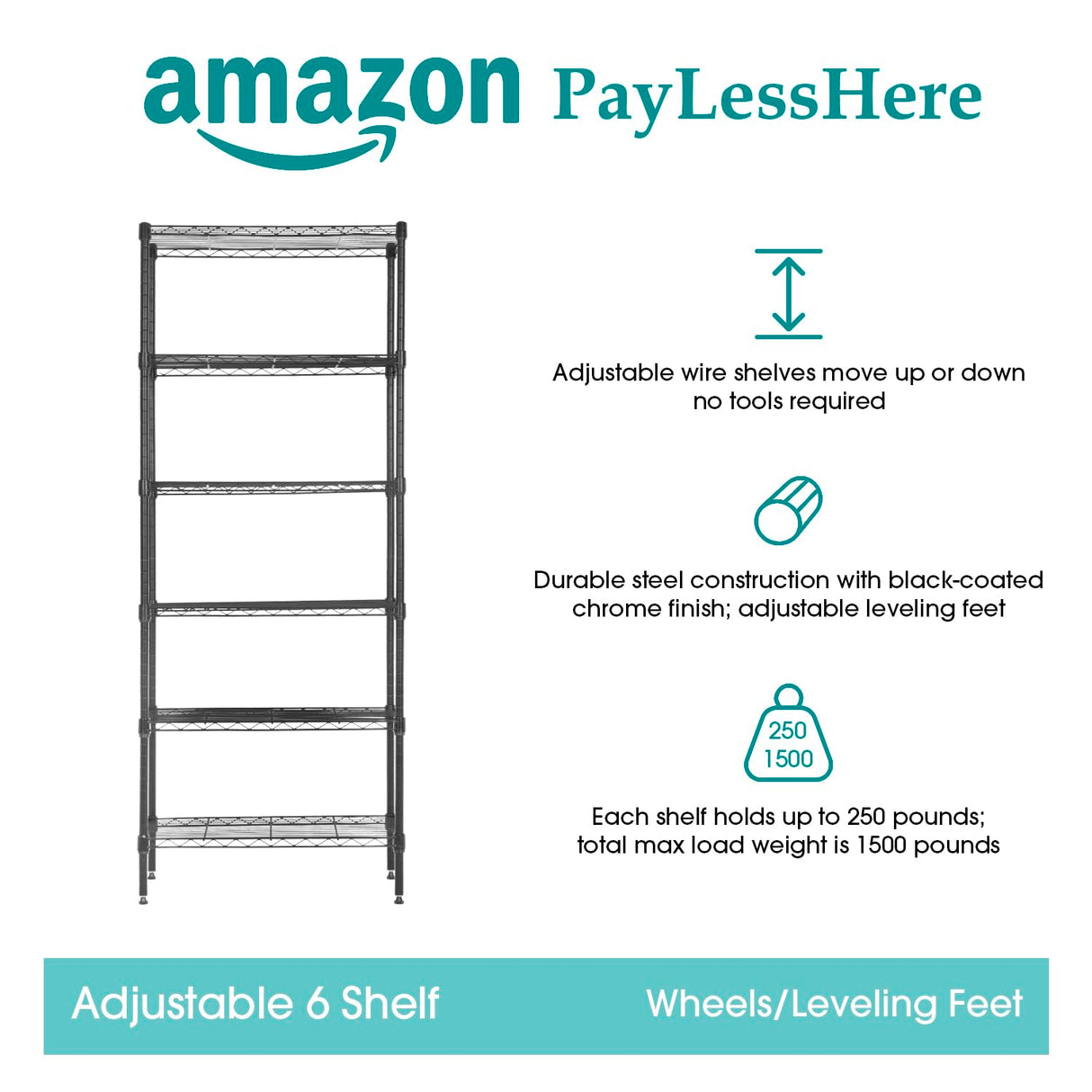 PayLessHere | 6-Tier Wire Shelf | 23"x13"x59" | Black | Adjustable Racks | Heavy-Duty Storage Shelves, Holds Upto 1500 lbs | Rust-Resistant, No-Tool Assembly | for Home, Garage Shelving PayLessHere