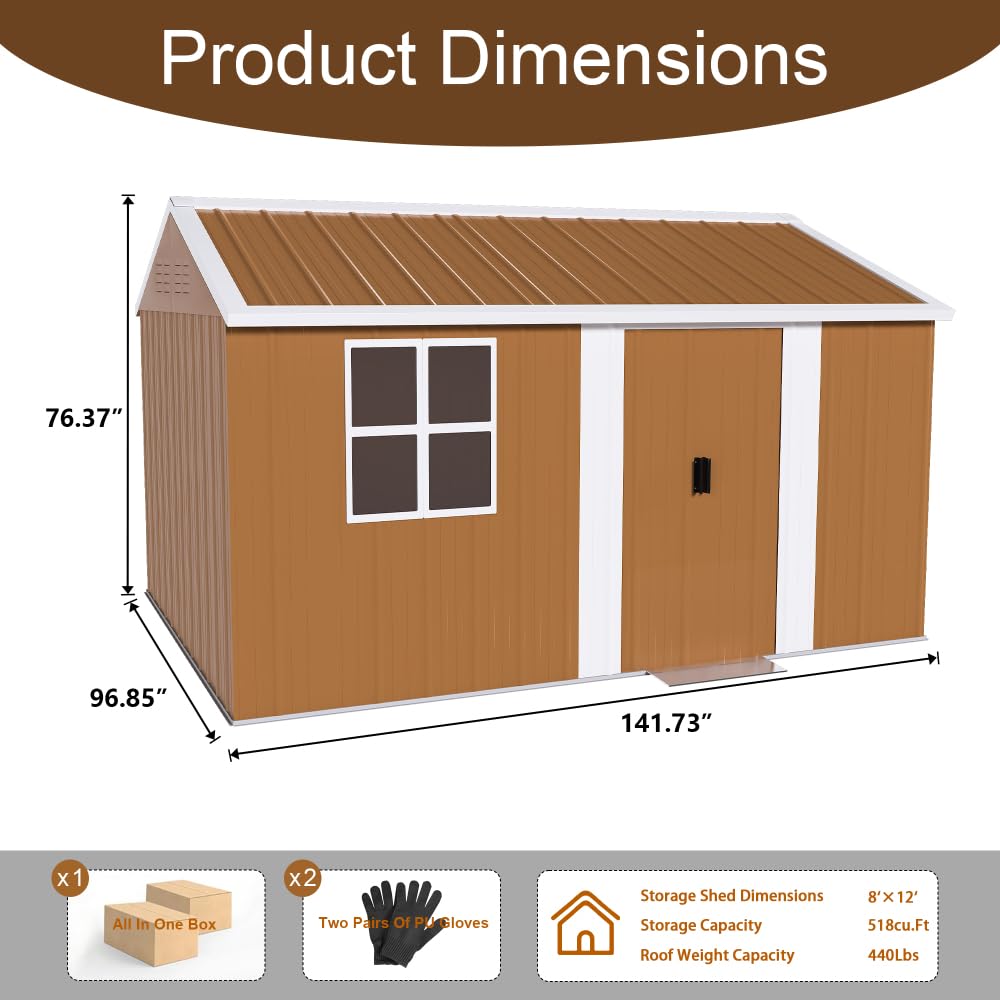 12x8 FT Heavy-Duty Metal Storage Shed, Large Outdoor Garden Shed with Windows & Lockable Sliding Door, Galvanized Steel Weatherproof Tool Shed for Backyard, Lawn Equipment, Bike Storage (Brown) ZHZXWKK