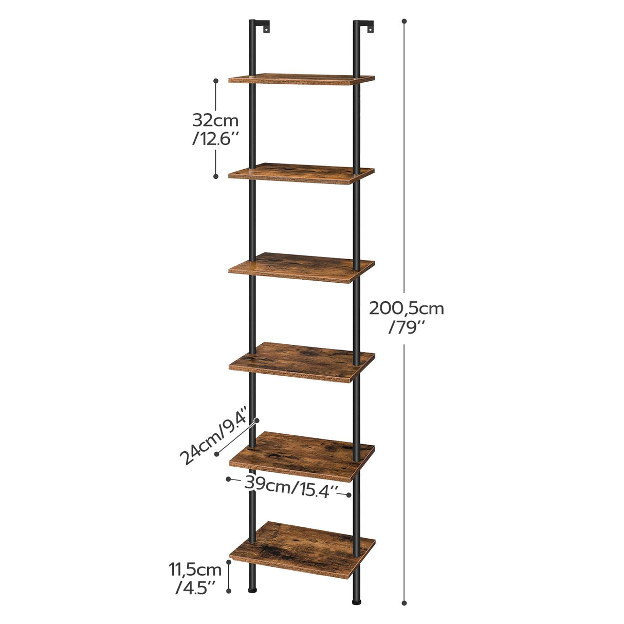 HOOBRO DIY Ladder Shelf, 6-Tier Wooden Wall Mounted Bookshelf, Narrow Bookcase, Display Shelf, Storage Rack, Plant Stand, for Living Room, Bedroom, Study, Balcony, Rustic Brown and Black BF651CJ01 HOOBRO