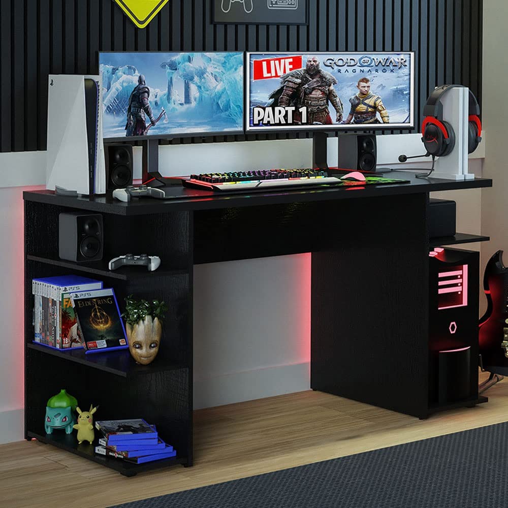 Madesa Gaming Computer Desk with 5 Shelves, Cable Management and Large Monitor Stand, Wood, 24" D x 53" W x 29" H - Black Madesa