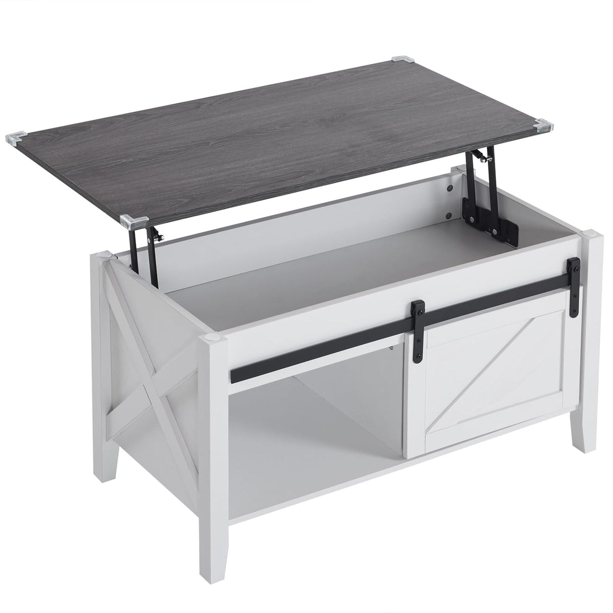 VINGLI White Charcoal Lift Top Coffee Table, 36" Small Farmhouse Barn Door Coffee Table with Storage, Rectangular Center Wood Coffe Table with Lifting Top, Living Room Tables with Hidden Compartment VINGLI