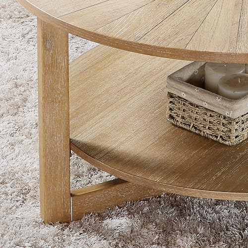 DS-HOMEPORT Wood Round Coffee Table for Living Room, 2 Tier Circle Rustic Coffee Table with Storage, Coffee Table for Apartment, Easy Assembly (Light Brown,35" Dx35 Wx18 H) DS-HOMEPORT