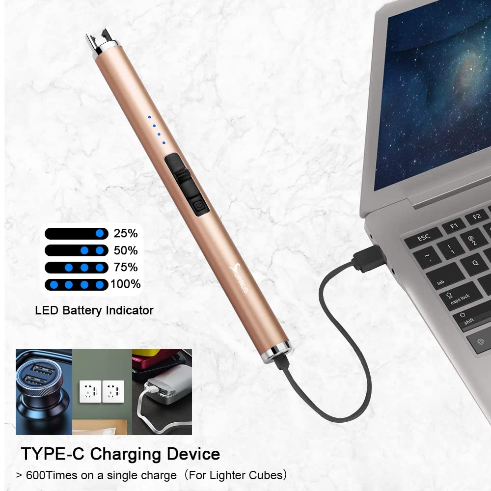 SUPRUS Electric Lighter Candle Type C Rechargeable Lighter with Upgraded LED Battery Display Safety Switch Flameless Plasma Windproof for Candle Cooking BBQs Fireworks (Champagne Gold) SUPRUS