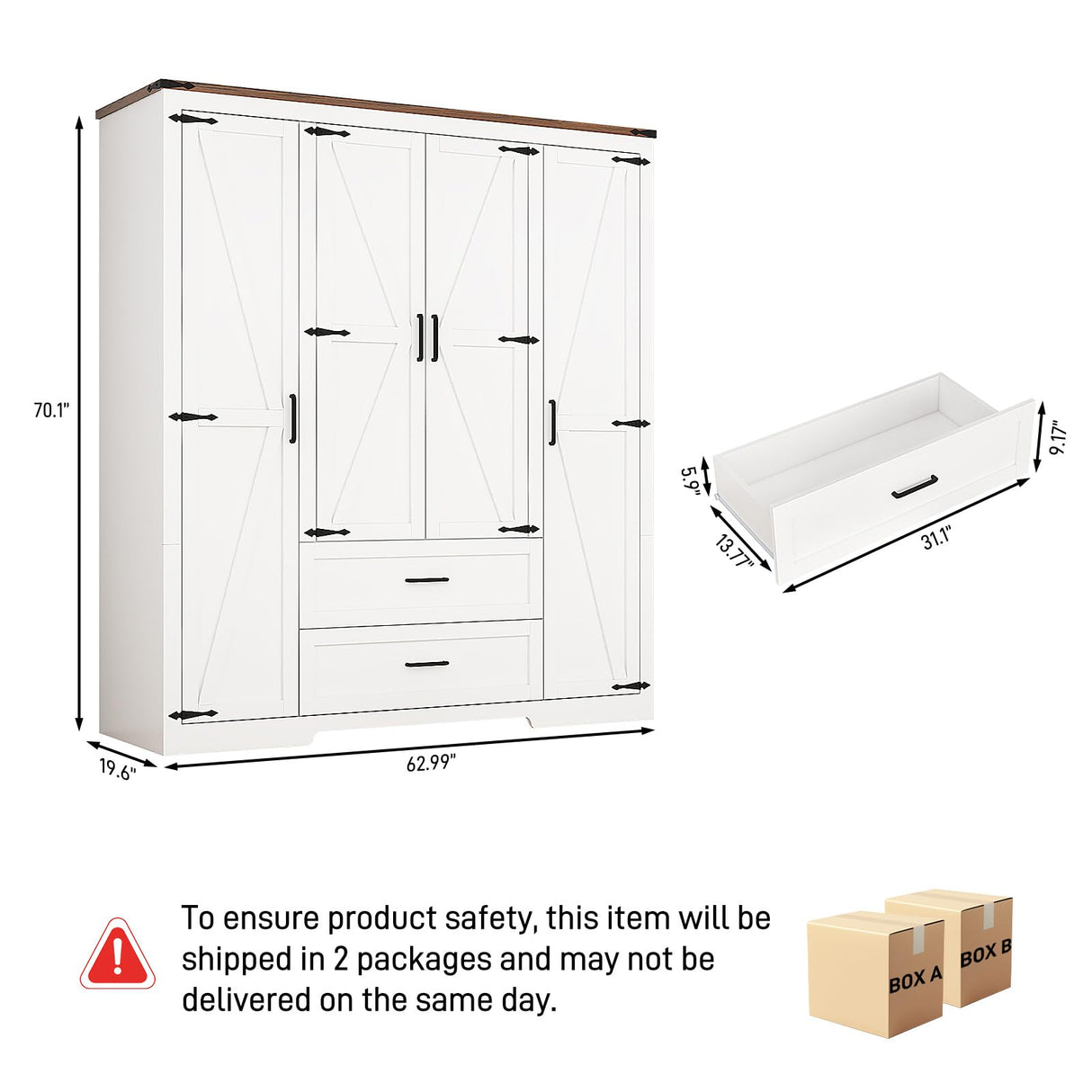 Hlivelood 4 Doors Wardrobe Armoire Closet with Doors and Drawers, Farmhouse Wooden Armoire Storage Cabinet with Shelves & Hanging Rod for Bedroom, White Hlivelood