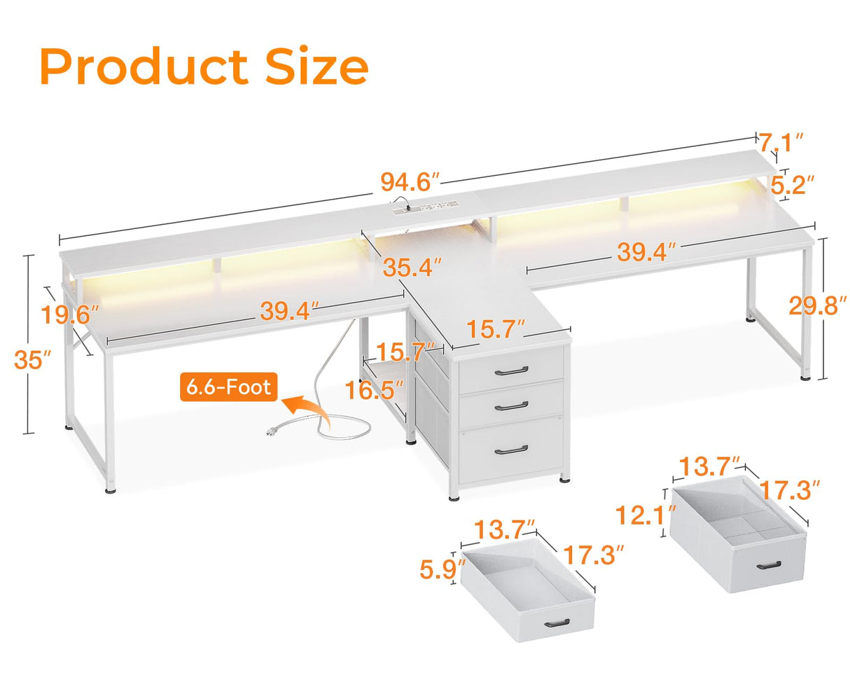 Coleshome 94" Computer Desk with Fabric Drawers & File Cabinet- 2 Person Home Office Desks with Power Outlet & LED Light, Long Writing Desk with Monitor Stand, Storage Shelves, Study/Work Table, White Coleshome
