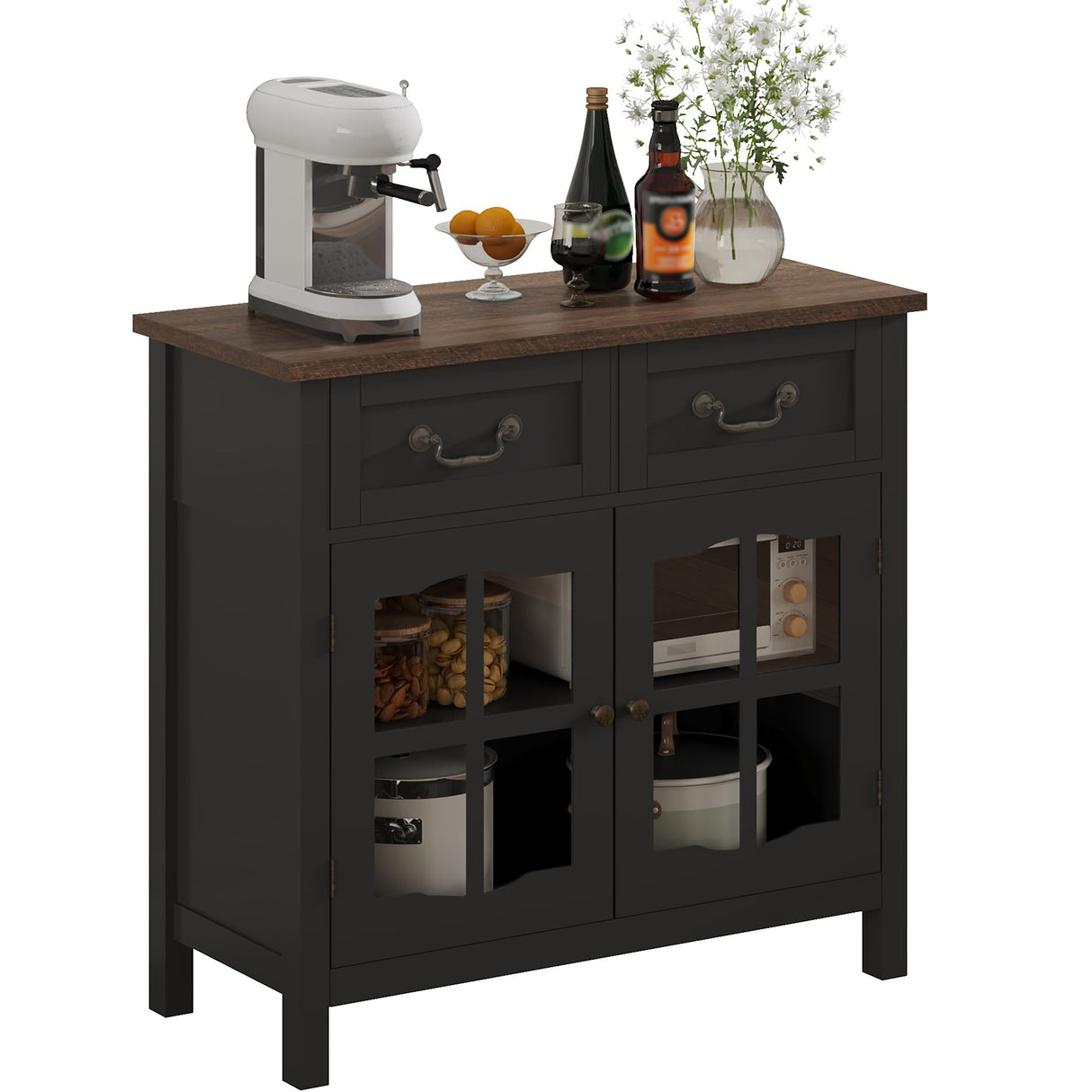 ChooChoo Farmhouse Sideboard Buffet Cabinet with Storage, Coffee Bar Cabinet with Glass Doors, Entryway Cabinet for Kitchen, Living Room, Black ChooChoo