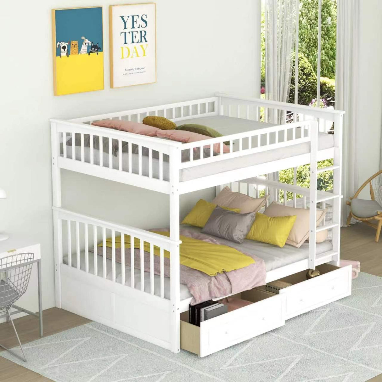 Harper & Bright Designs Full Over Full Wood Bunk Bed with Two Storage Drawers and Ladder, Convertible Storage Bunk Bed Can Be Divided Into Two Full Size Daybeds (White) Harper & Bright Designs