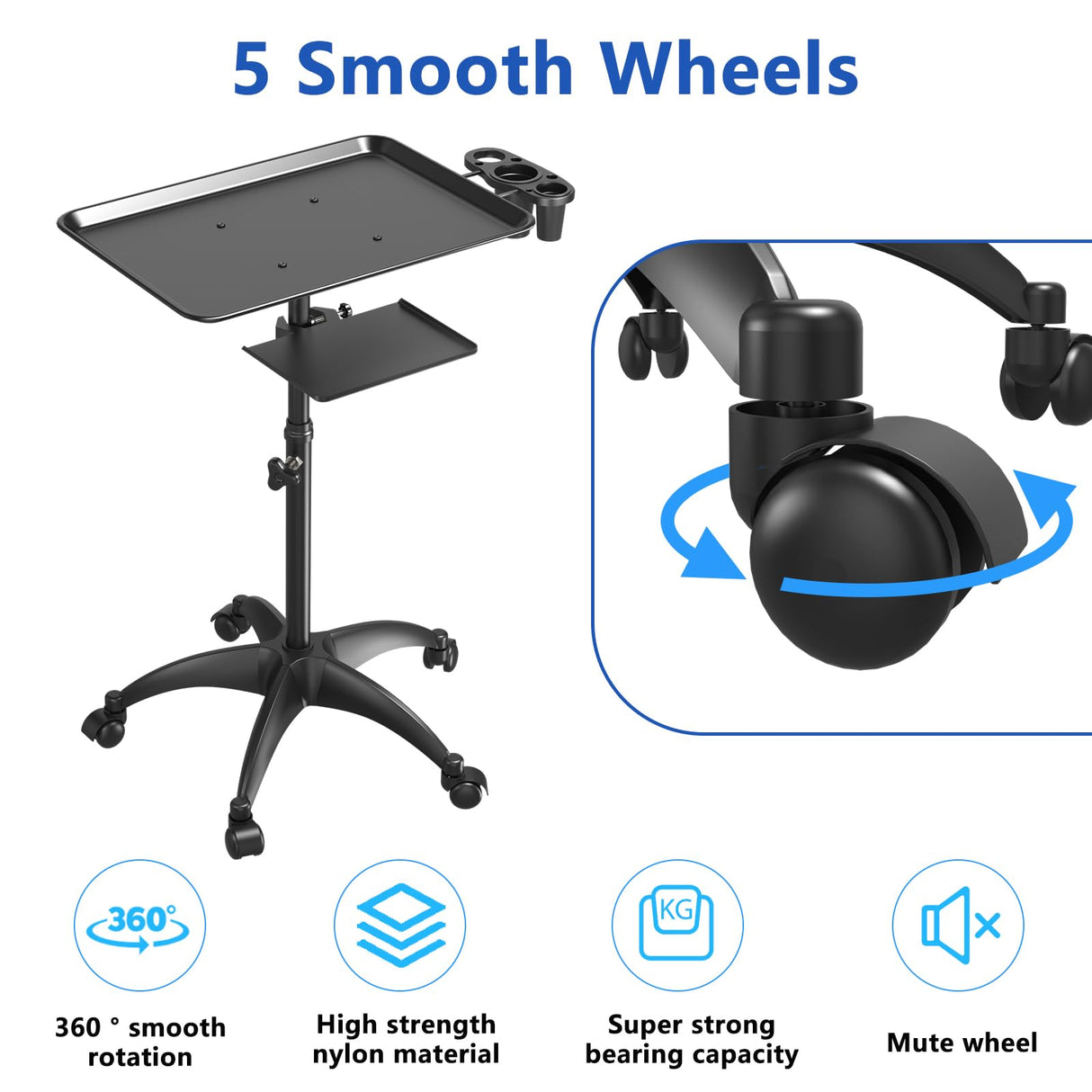 Salon Tray Cart with Storage Platform, Aluminum Tattoo Tray with Wheels Trolley Adjustable Height, Salon Tray Equipment Service Instrument Storage Tray Accessory for Salon & Spa Use, Black ZHOOGE