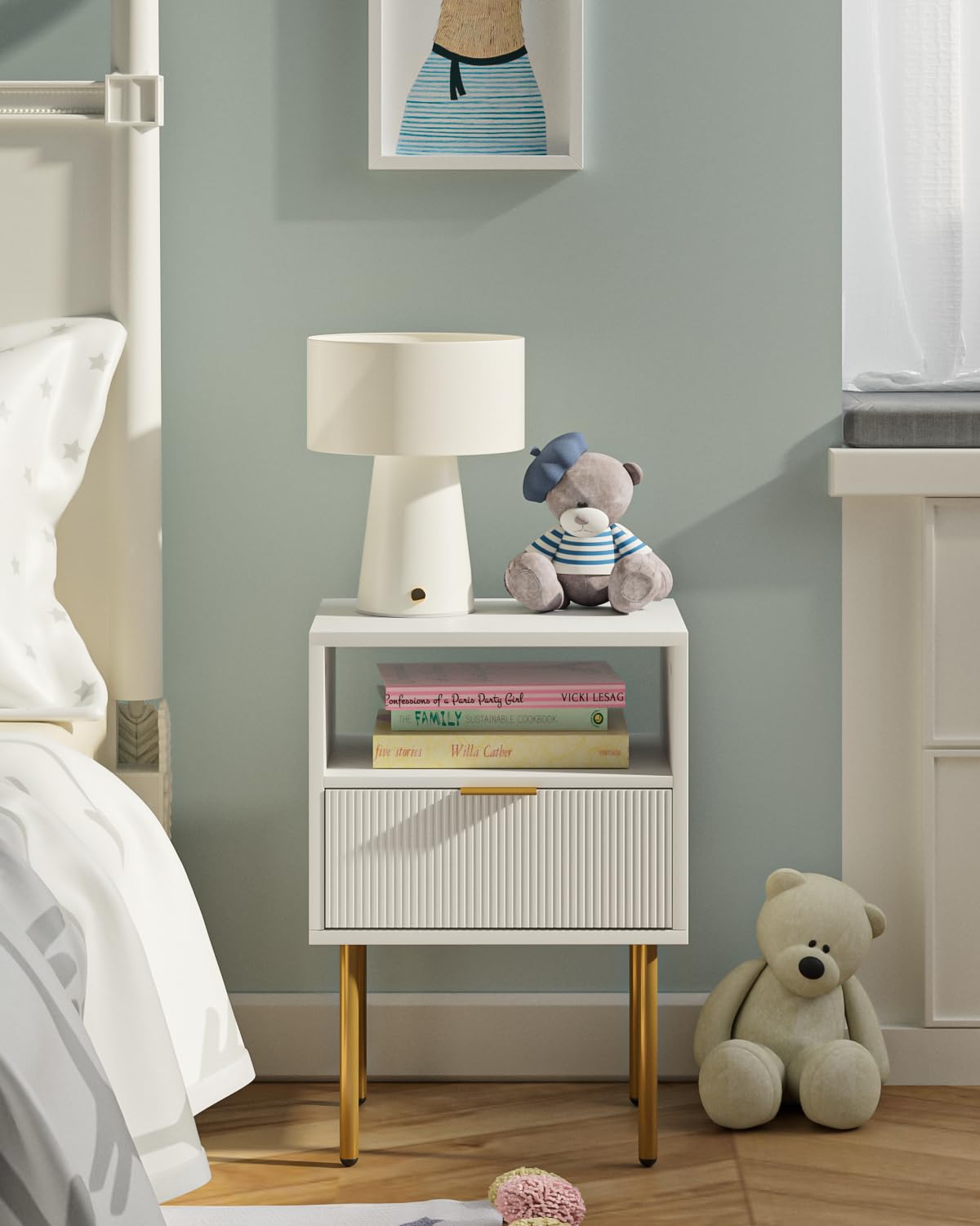 AEPOALUA Nightstand,Modern Bedside Table with Gold Frame,White Night Stand,Bedside Furniture,Small End Table with Drawer and Shelf for Bedroom,Living Room AEPOALUA