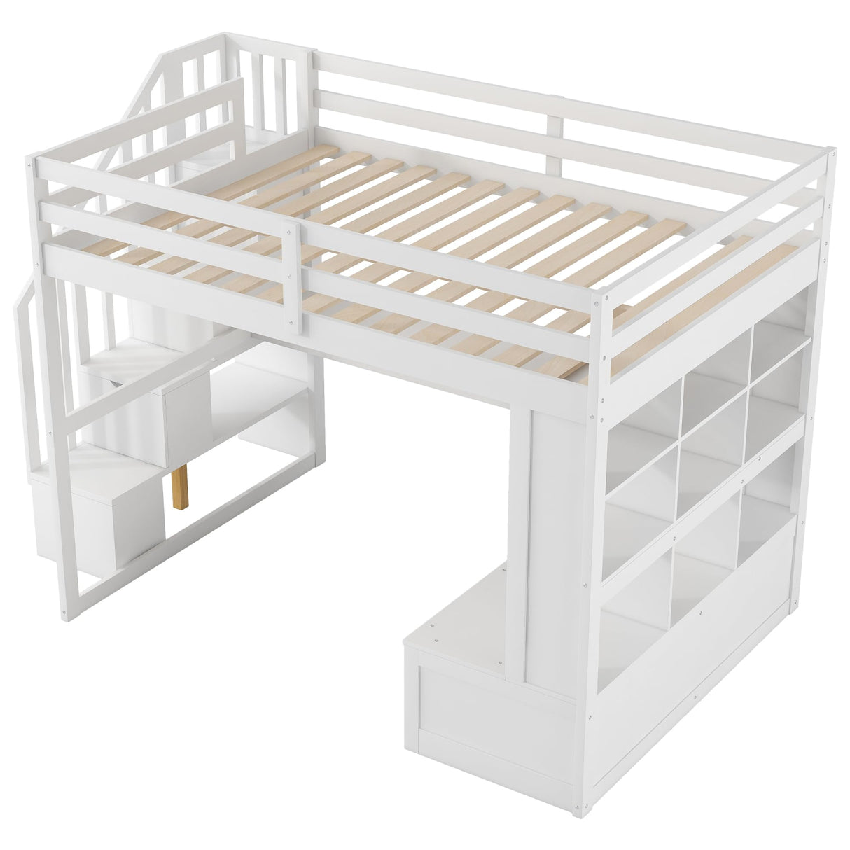 Full Size Loft Bed with Stairs and Desk, Wood Loft Beds Frame with Storage Drawers and Bookcase Shelves for Adults Teens Kids, White Bellemave
