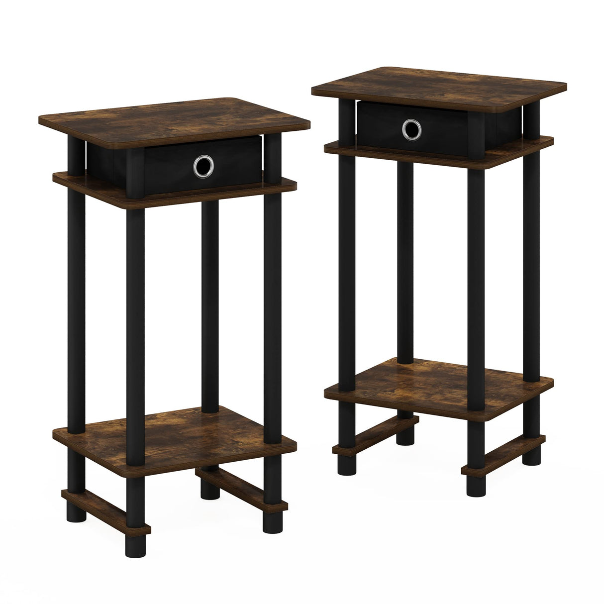 Furinno Turn-N-Tube Tall End Side Night Stand/Bedside Table with Bin Drawer, 2-Pack, Amber Pine/Black/Black Furinno