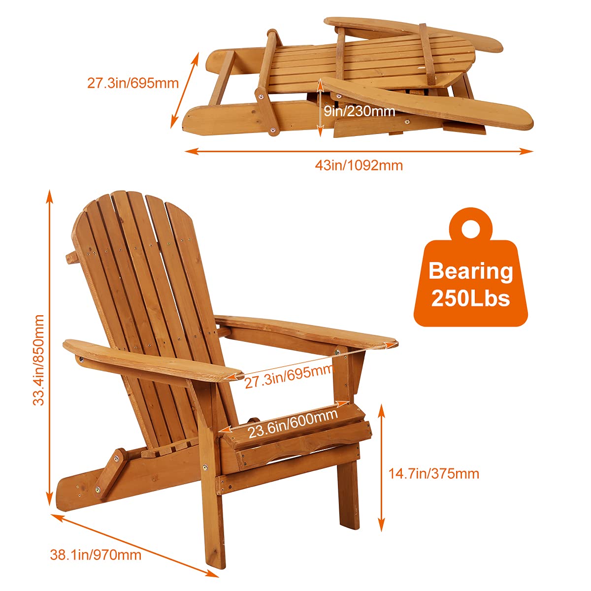 Adirondack Chair Weather Resistant Patio Chairs Folding Outdoor Chair w/Long Arms Solid Wooden Heavy Duty Reclining Fire Pit Chair for Deck, Lawn, Backyard, Garden - Natural Dkelincs
