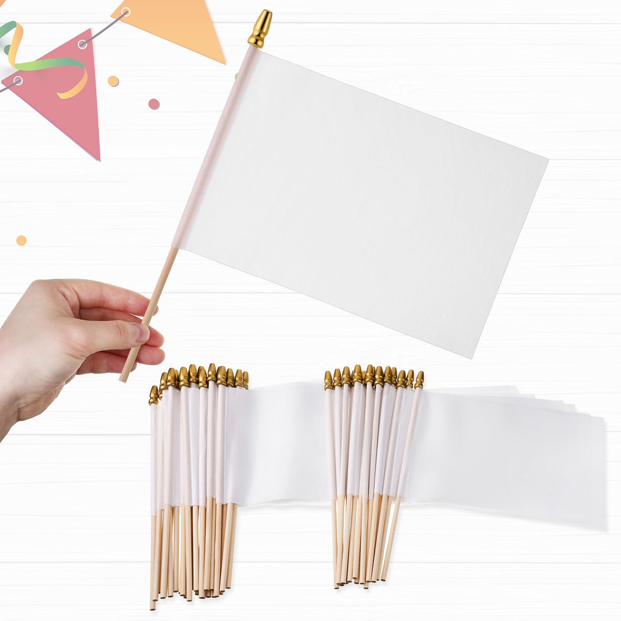 Remerry 50 Sets Sublimation Blank Flags Small White Flags Mini DIY Flags on Stick Sublimation White Flags with Wood Stick for Kids Birthday Party Parades Day Wedding Events Celebration, 5x8 Inch Remerry