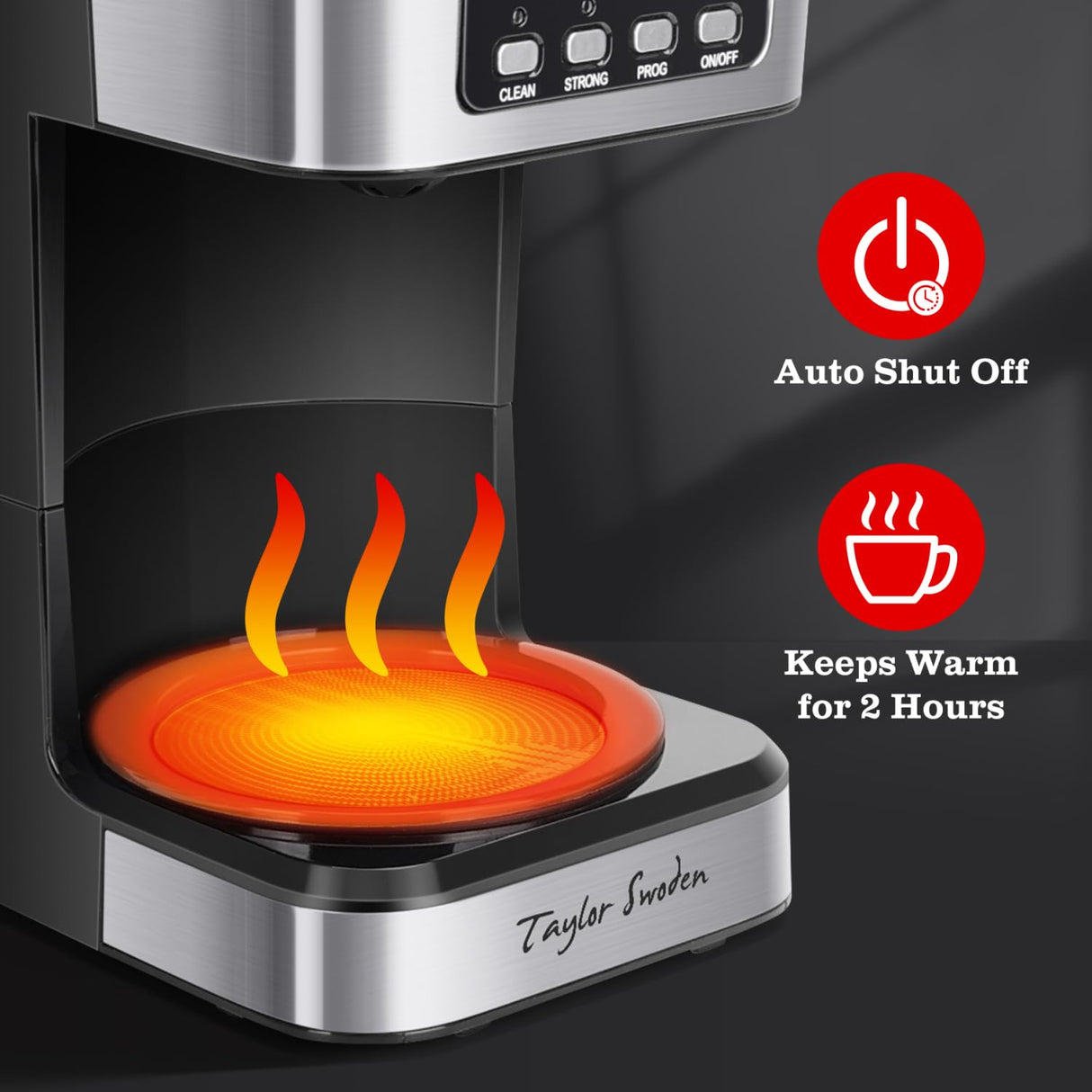 Taylor Swoden 12-Cup Programmable Coffee Maker, Regular & Strong Brew Drip Coffee Machine for Home and Office, Glass Carafe, Pause & Serve, Auto Shut Off, Black & Stainless Steel Taylor Swoden