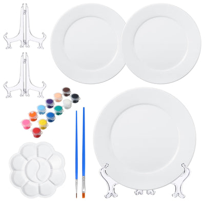 Affrolling Paint Your Own Porcelain Plates Ceramic Painting Kit Included 2 Pcs Porcelain Plates 2 Brushes 12 Paints 2 Stands Paint and 1 Pcs Color Palette, Pottery Kit for Adults(Round)