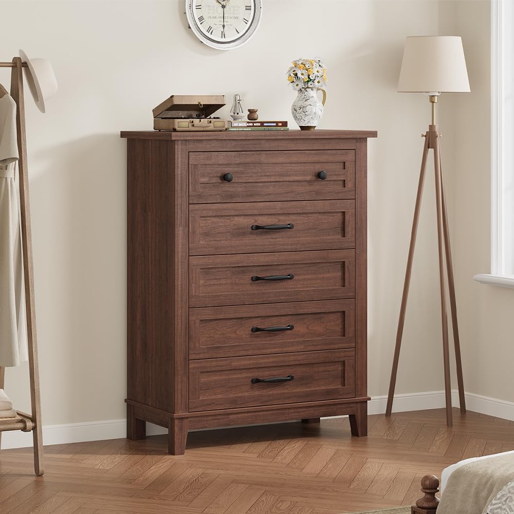 GarveeHome 5 Dresser for Bedroom, 41.3 in Tall Vertical Drawer Dresser with Large Storage, Freestanding Wooden Closet Chest for Bedroom, Living Room, Walnut GarveeHome