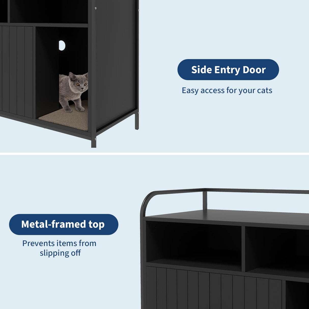 GarveeHome Cat Litter Box Enclosure with Metal Frame and Dual Storage Shelves, Modern Hidden Litter Box Furniture Indoor Cat House, Side Table Style Black GarveeHome