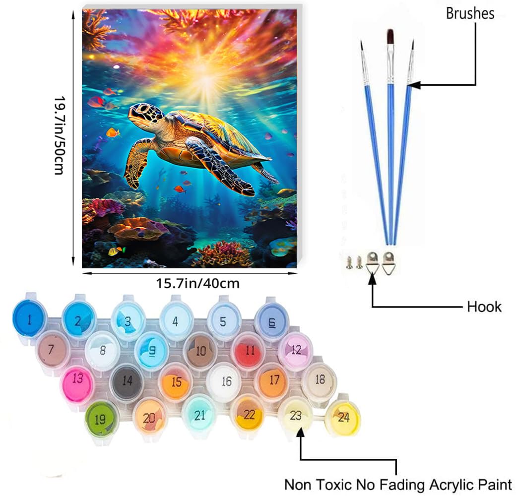 Ocean Turtle Paint by Numbers Kit for Adults Beginner, SeaTurtle Paint by Number Kit for Adults, Adult Paint by Number Canvas Animal with Paintbrushes and Acrylic Pigment 16x20 inch,Ocean Turtle JUJUHOOD