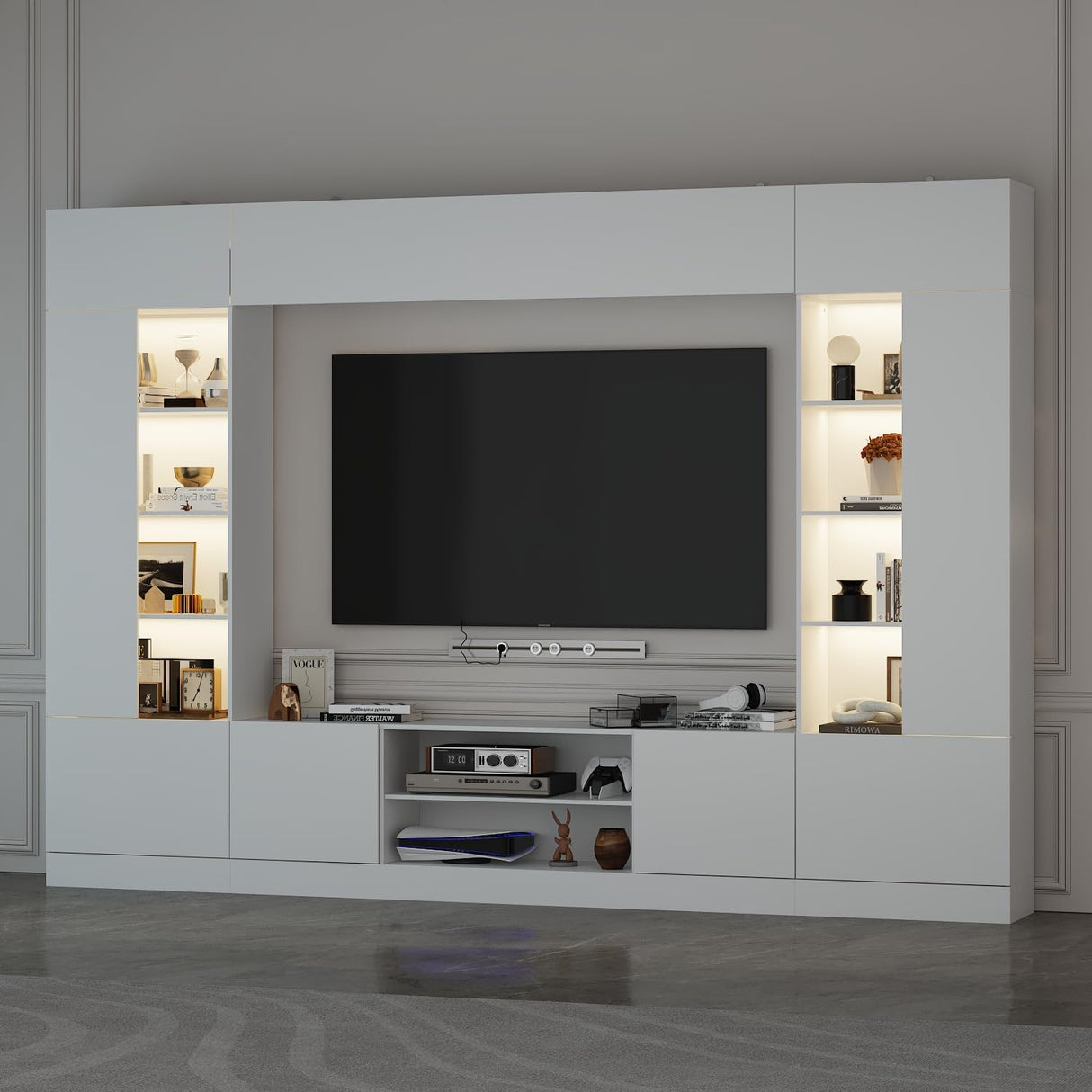 ROMSHINE Large Entertainment Center with Storage, 114" W Wall Unit TV Stand with Bookshelves & Light in White Color, Modern Media Center Cabinet with Bridge, for Living Room Bedroom, White ROMSHINE
