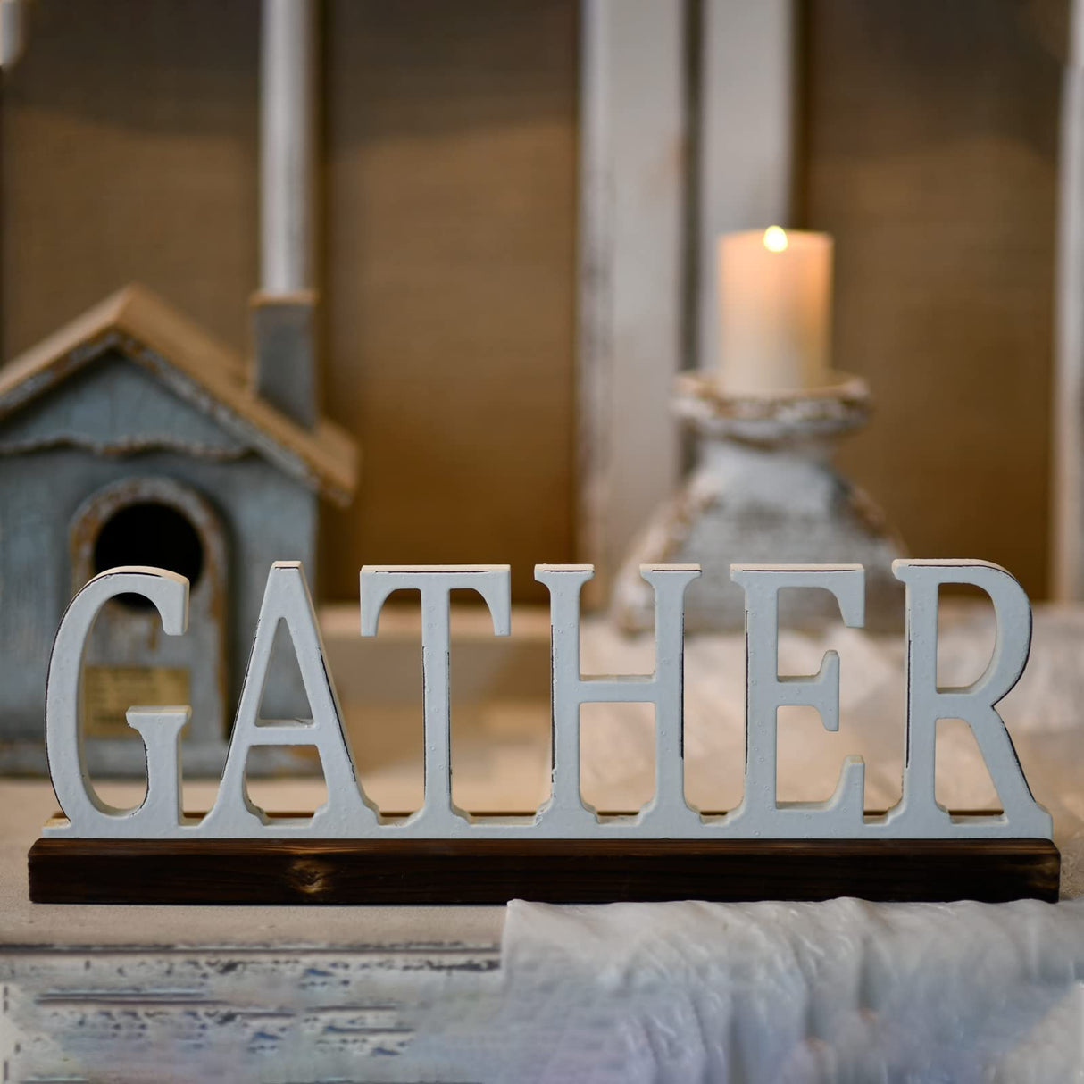 Sintosin Rustic Wooden Gather Signs for Home Decor 16", Tabletop White Distressed Home Decor Signs, Christmas Signs Farmhouse The Gathering Place Sign for Fireplace Shelf Living Room Kitchen Sintosin