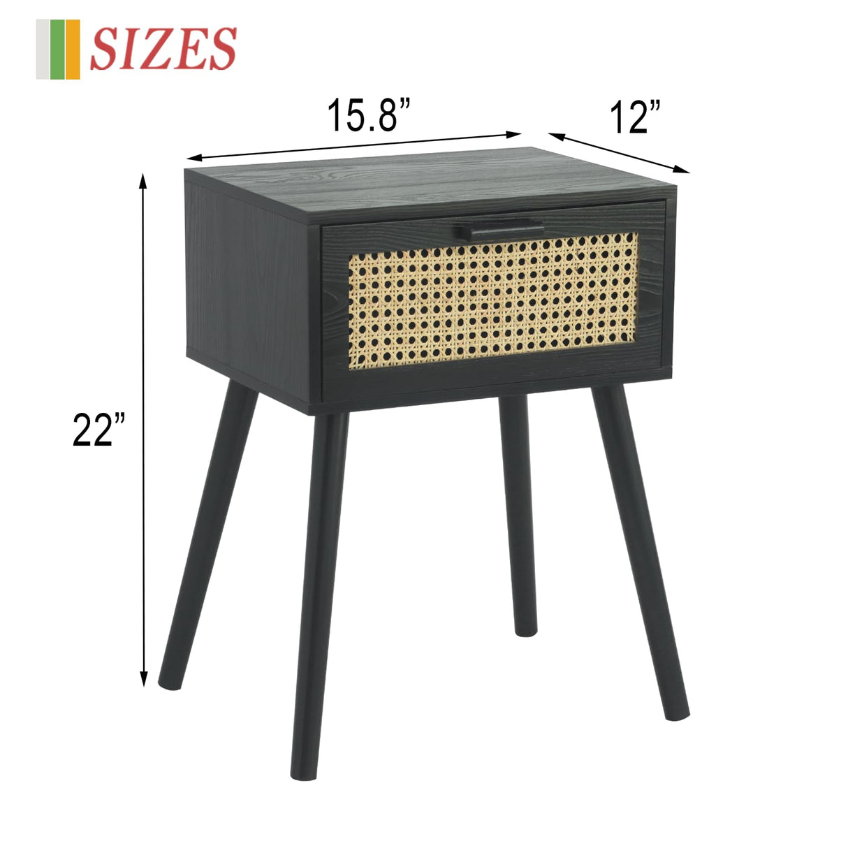 AWASEN Mid Century Modern Nightstand, Rattan Side Table with Drawer, Black Bedside Table with Storage and Solid Wood Legs for Living Room, Bedroom and Small Space (Black) AWASEN
