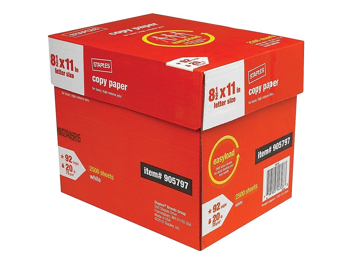 Staples 905797 8.5-Inch X 11-Inch Copy Paper 20 Lbs 92 Brightness 2500/Carton (20587) STAPLES