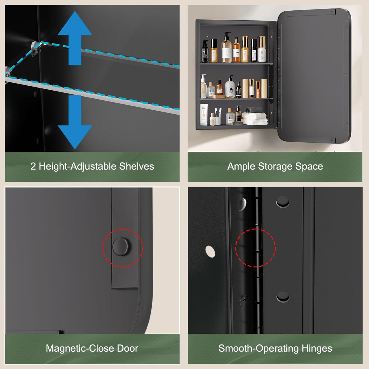 Venlus 16x24 Recessed Medicine Cabinet with Mirror - Black Mirrored Medicine Cabinets for Bathroom Vanity, Bathroom Mirror with Storage & Heavy Metal Frame, Adjustable Shelves, Surface Wall Mount Venlus