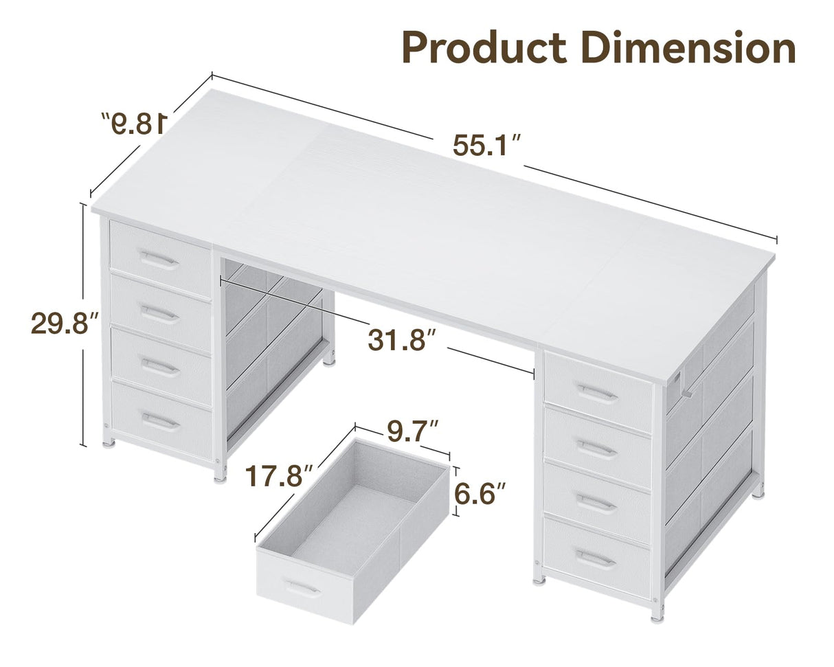 ODK 55 Inch Computer Desk with 8 Fabric Drawers, Modern Office Desk with Large Storage for Home Office, Study, Gaming, White ODK