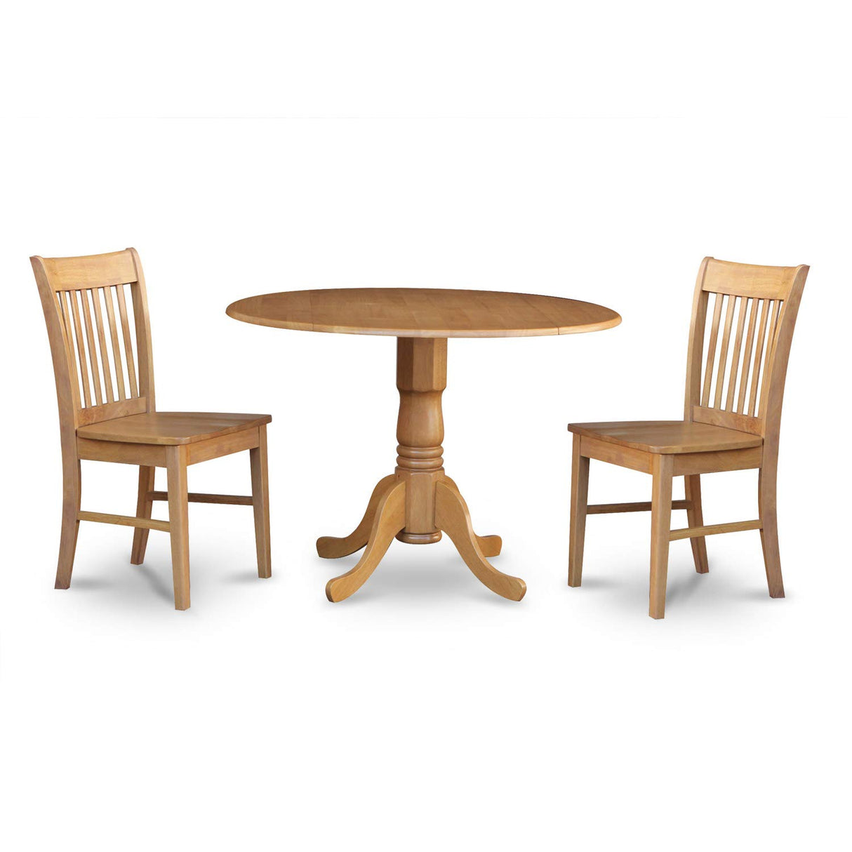 East West Furniture Dublin 3 Piece Modern Set Contains a Round Wooden Table with Dropleaf and 2 Dining Chairs, 42x42 Inch, DLNO3-OAK-W East West Furniture