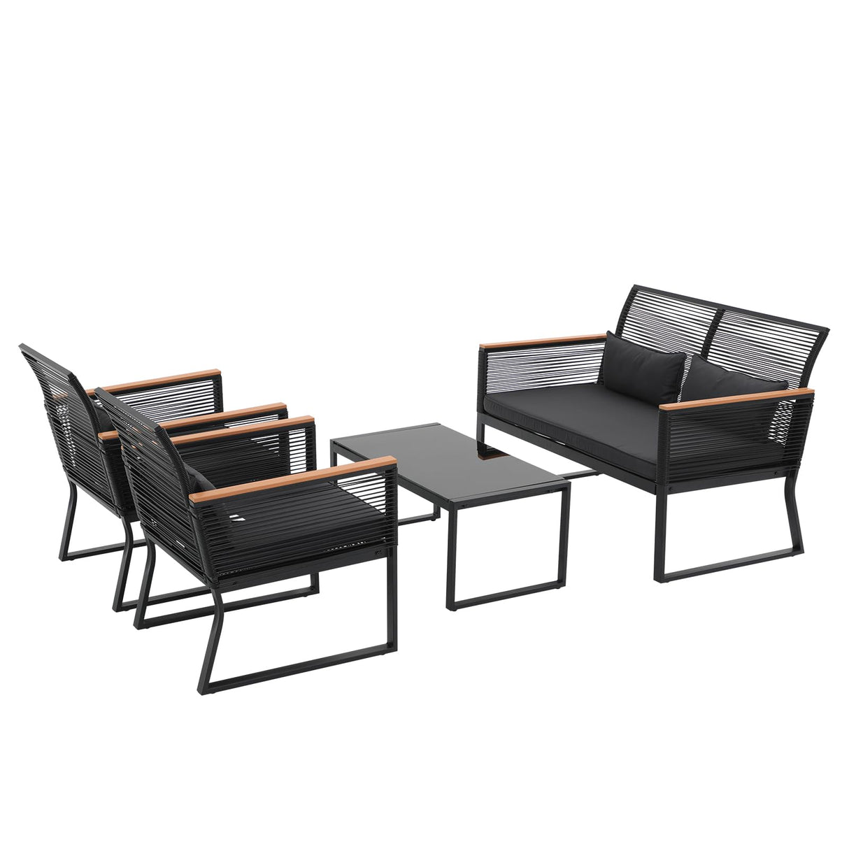 Patiorama 4 Piece Patio Furniture Set, Outdoor Wicker Bistro Set, All-Weather Black PE Rattan Conversation Set w/Coffee Table, Loveseat, Wood-Like Armrest, Cushions for Garden Balcony Deck, Dark Grey Patiorama