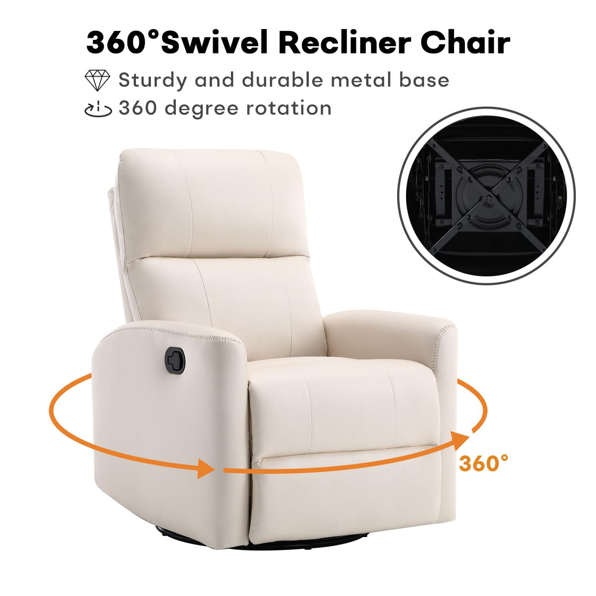 HAOMARKETS Swivel Rocker Recliner Chair, Manual Faux Leather Glider Rocking Recliners for Adults, 360° Swivel Nursery Reclining Sofa with Padded Backrest for Living Room, White HAOMARKETS