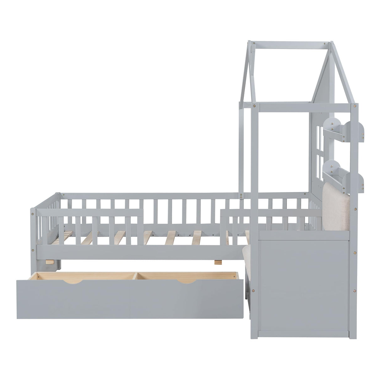 Kids Twin House Bed Frame with Upholstered Sofa and Storage Drawers in Grey Bellemave