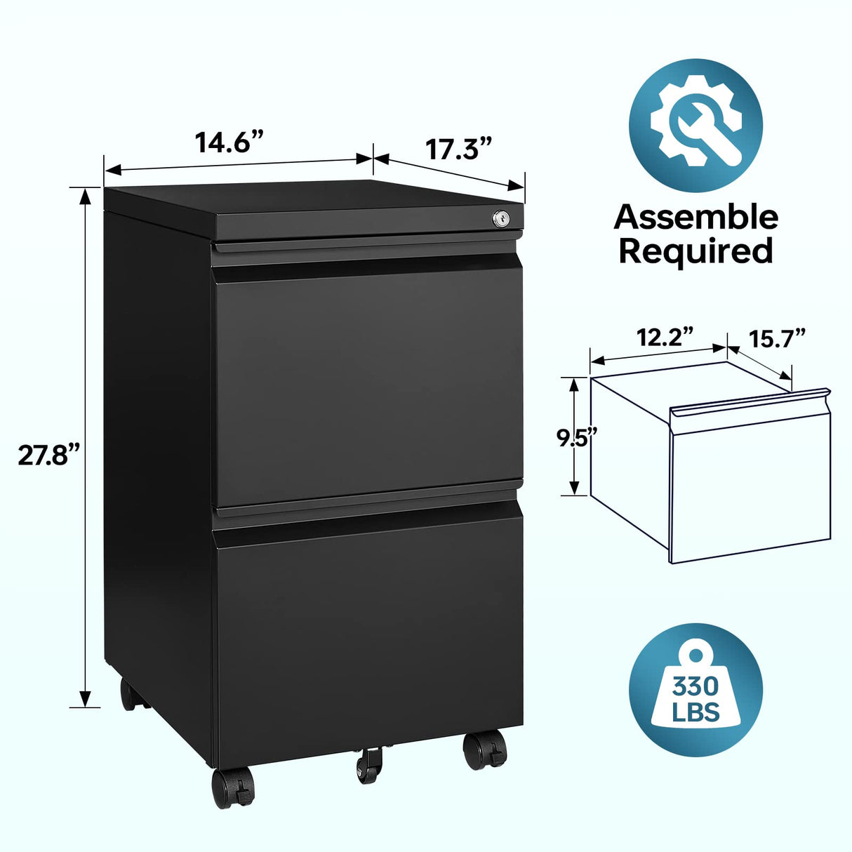 MIIIKO 2 Drawer File Cabinet on Wheels, Home Office Mobile Under Desk with Lock, Vertical Files Drawers for Legal/Letter/A4 MIIIKO