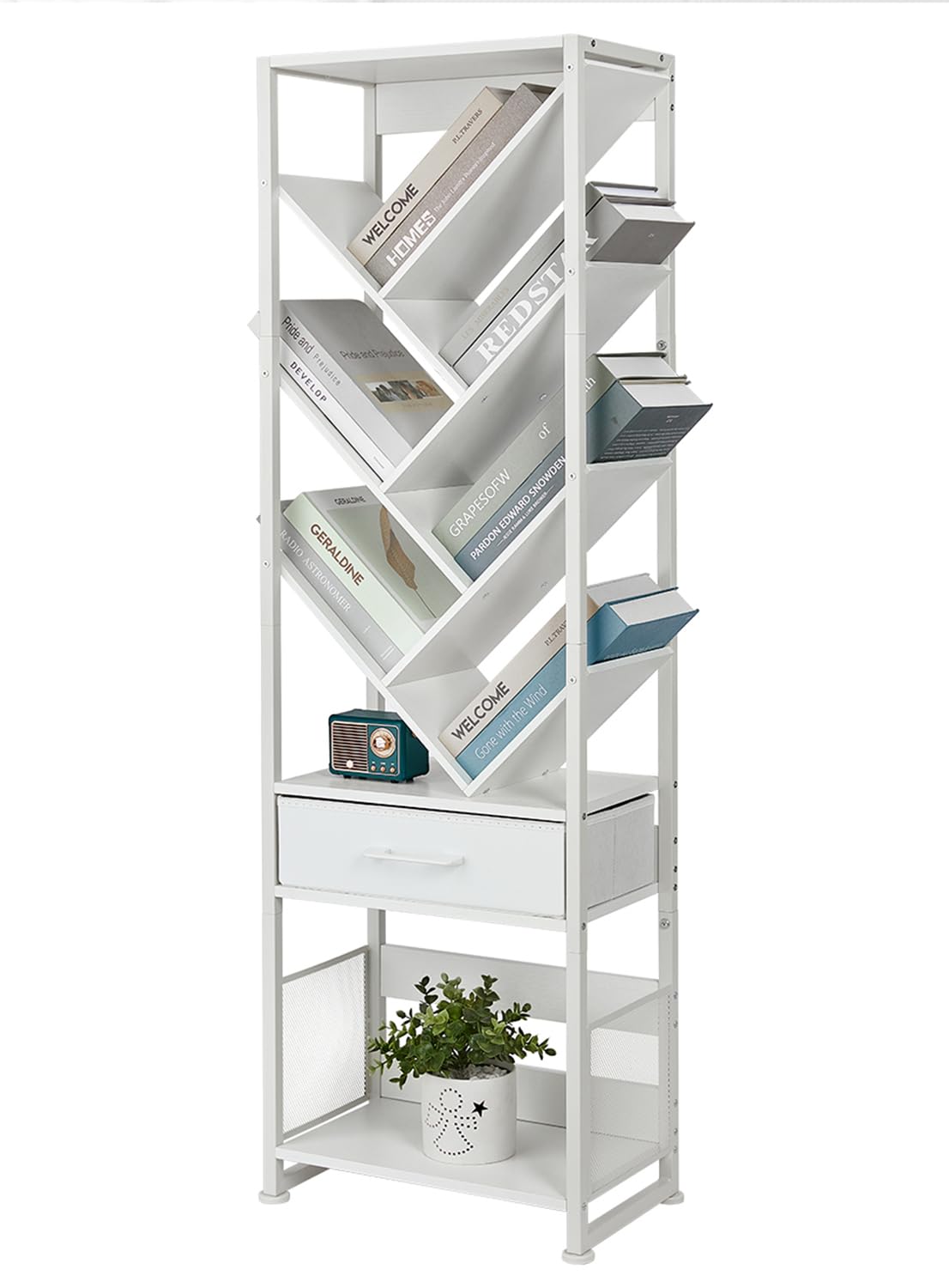 ZEXVIDA Bookshelf with Drawer,10 Tier Tree Bookcase Retro Floor Standing Bookshelves,Tall Wood Bookcases with Cabinet Storage Organizer for Living Room, Bedroom & Home Office, White ZEXVIDA