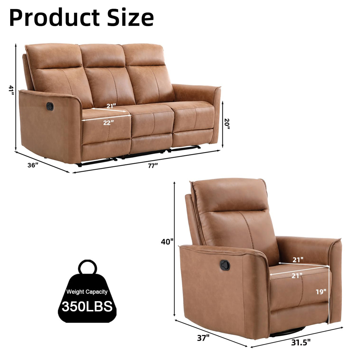 Manual Recliner Sofa Furniture Set for Living Room, Included Leathaire Nursing Chairs Swivel Glider Recliners, Wall-Hugger 3 Seat Reclining Loveseat, Modern 3-Seater Reclining Sofa Couch, Brown, 1+3 INZOY