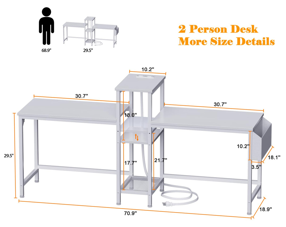 Furologee Double Desk with Power Outlets, 71 Inch Computer Desk with Storage Bag and Headphone Hooks, Gaming Desk Study Writing Table for Home Office, White Furologee