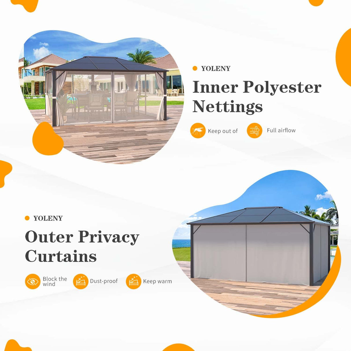 YOLENY 10'x12' Hardtop Gazebo, Outdoor Polycarbonate Roof Canopy, Aluminum Frame Permanent Pavilion with Curtains and Netting, Sunshade for Garden, Patio, Lawns YOLENY