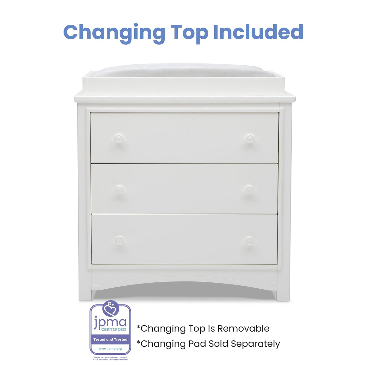 Delta Children Perry 3 Drawer Dresser with Changing Top and Interlocking Drawers, Bianca White Delta Children