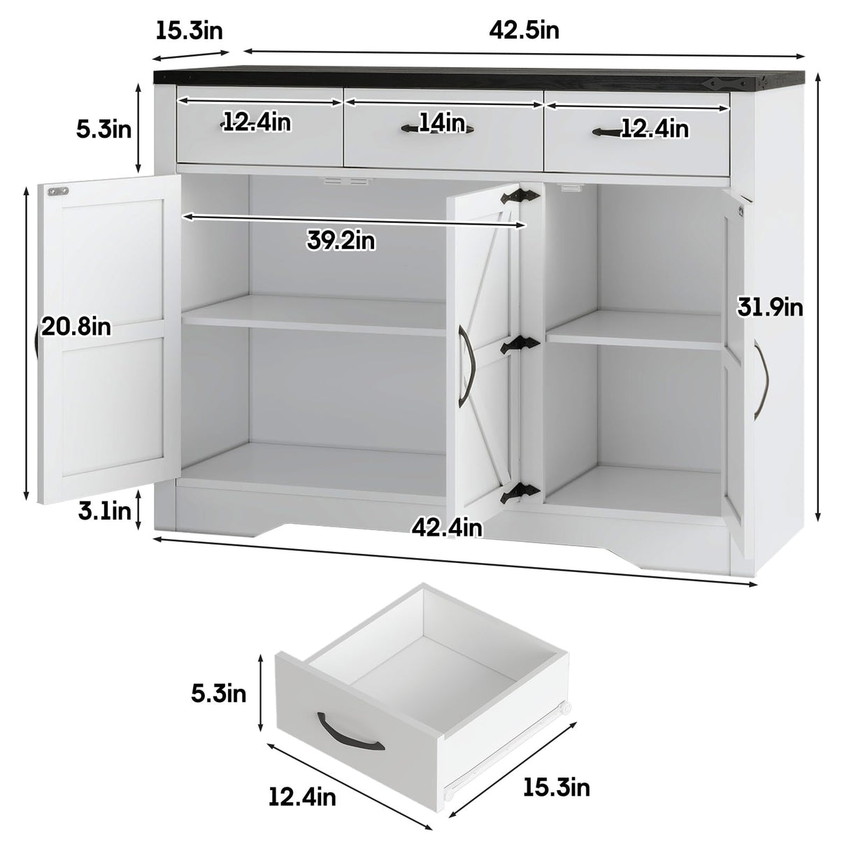 Maupvit 42.5" Sideboard Buffet Cabinet with Storage,Farmhouse Coffee Bar Cabinet with 3 Drawers & 3 Barn Doors, Wood Cupboard Buffet Table Storage Cabinet for Kitchen, Dining Room, Living Room, White Maupvit