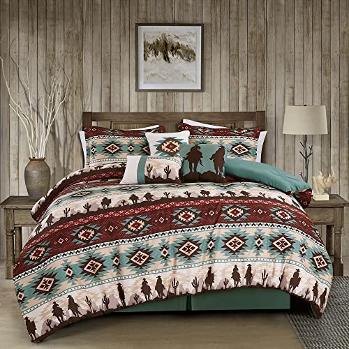 Chezmoi Collection Dune 7-Piece Southwestern Cowboys Aztec Comforter Set - Multicolor Teal Brown Beige Tan Red Printed Washed Microfiber Bedding, Full Chezmoi Collection
