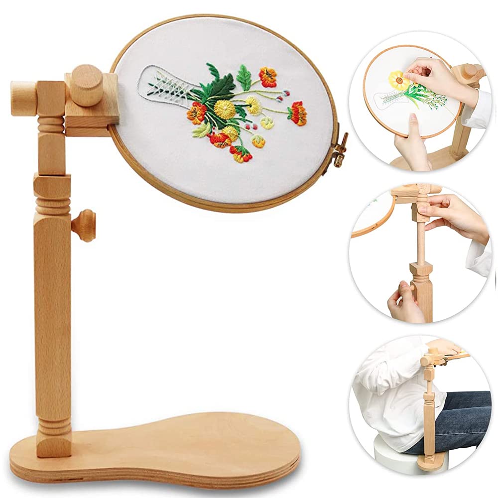 Embroidery Hoop Stand - Rotated Cross Stitch Stand Lap, Easy to Use Natural Beech Wood Embroidery Hoop Holder, Hands Cross Stitch Stand for Art Craft Sewing Needlework Projects guofa