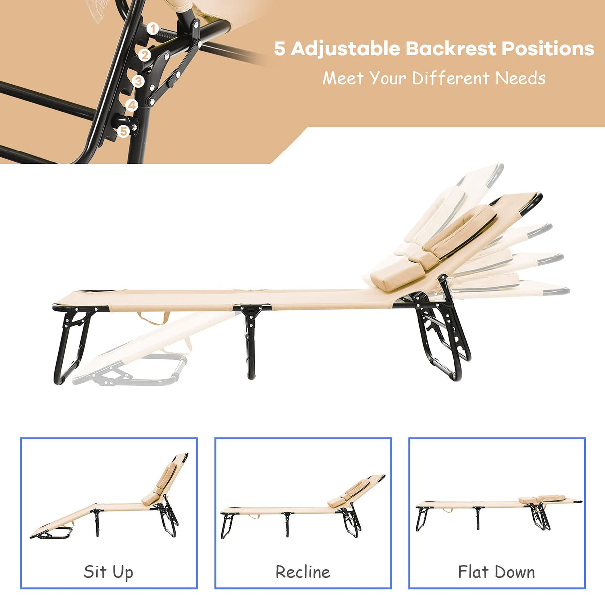 gotoplay Folding Beach Lounge Chair w/ 5 Adjutable Backrest & Padded Pillow, Sunbathing Lounger Chair, Sun Tanning Lay Flat Chair for Seaside Pool Deck, Max Load 330 LBS, No Assembly Required (Beige) gotoplay