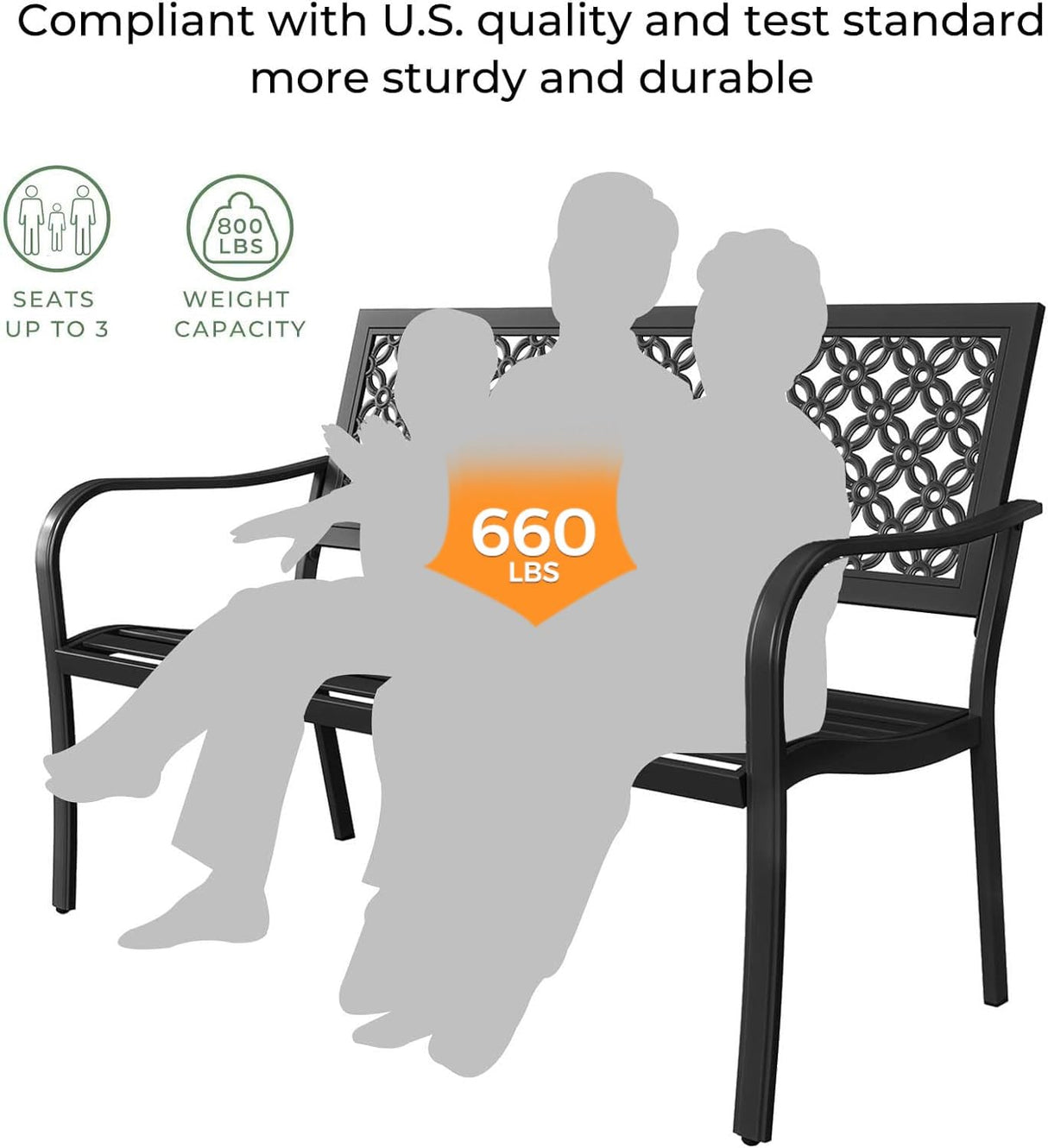 Grand patio 50" Outdoor Bench, Garden Benches with Anti-Rust Metal Powder Coated Frame, Patio Bench for Front Porch Park Outside Furniture Decor, Black Grand patio