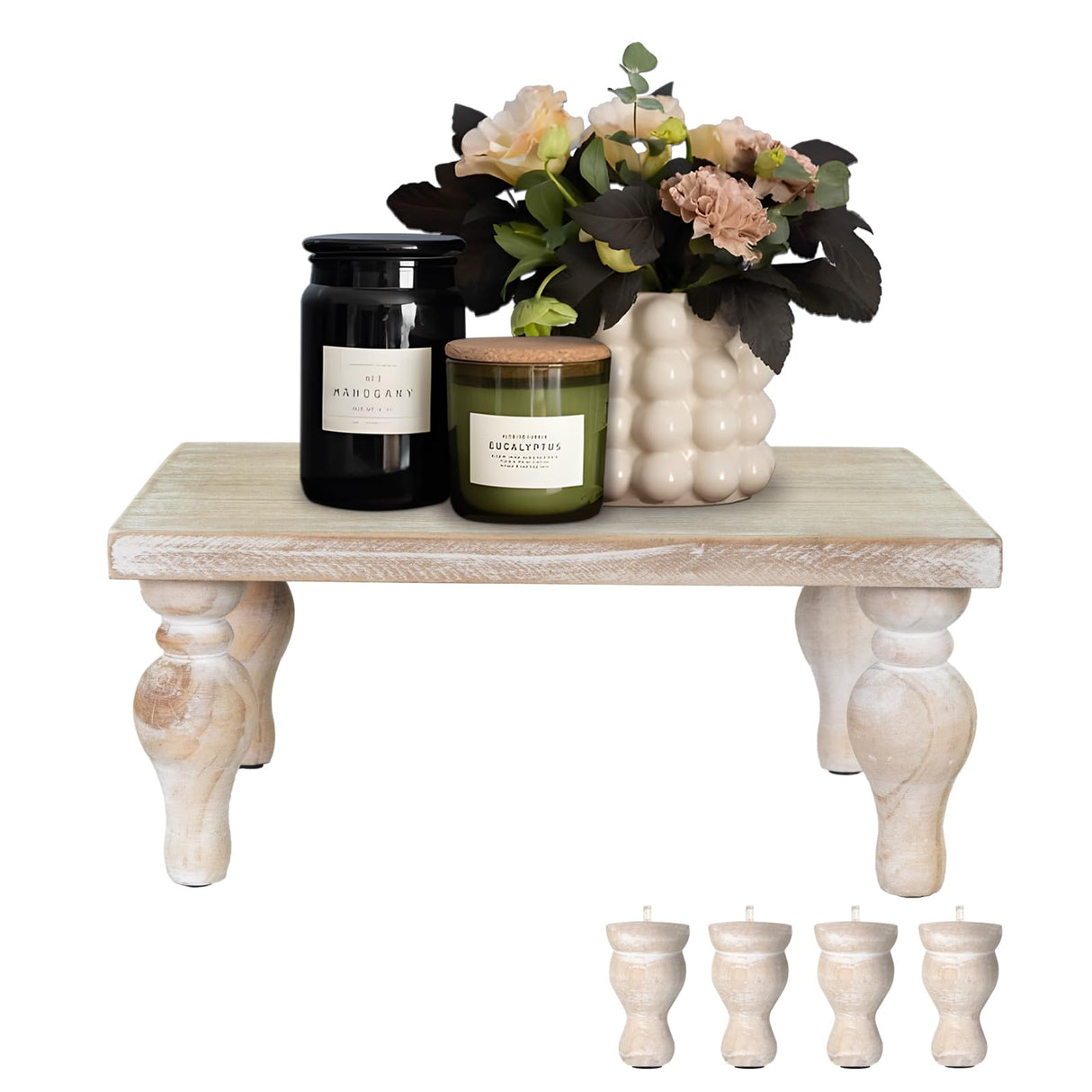 MAONAME Decorative Wooden Display Riser, Farmhouse Wood Pedestal Stand for Display, Rustic Washed White Tray Riser for Kitchen, Home Table Decor, Short and Tall Footed MAONAME